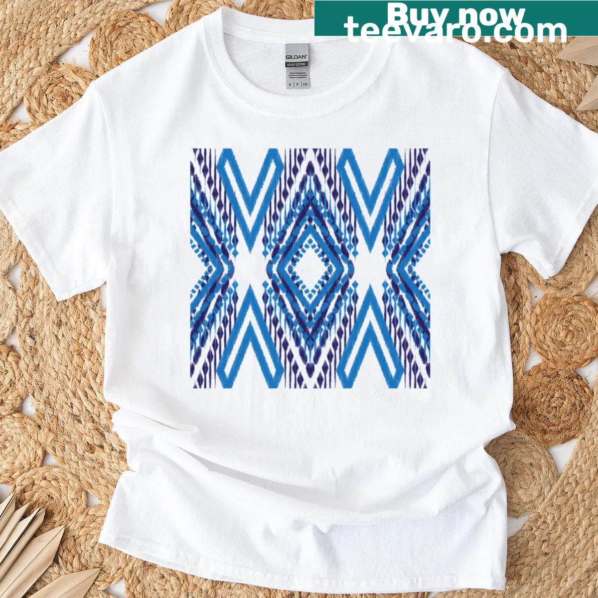 Retro t-shirt with embroidered Ikat Aztec tribal pattern — on a men's t-shirt