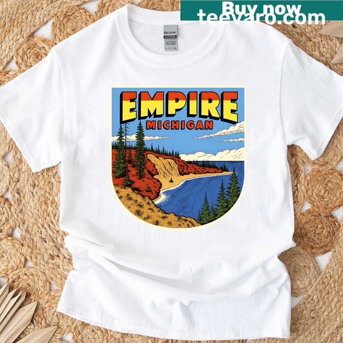 Vintage decal T-shirt featuring Empire Michigan sand dunes — on a men's t-shirt