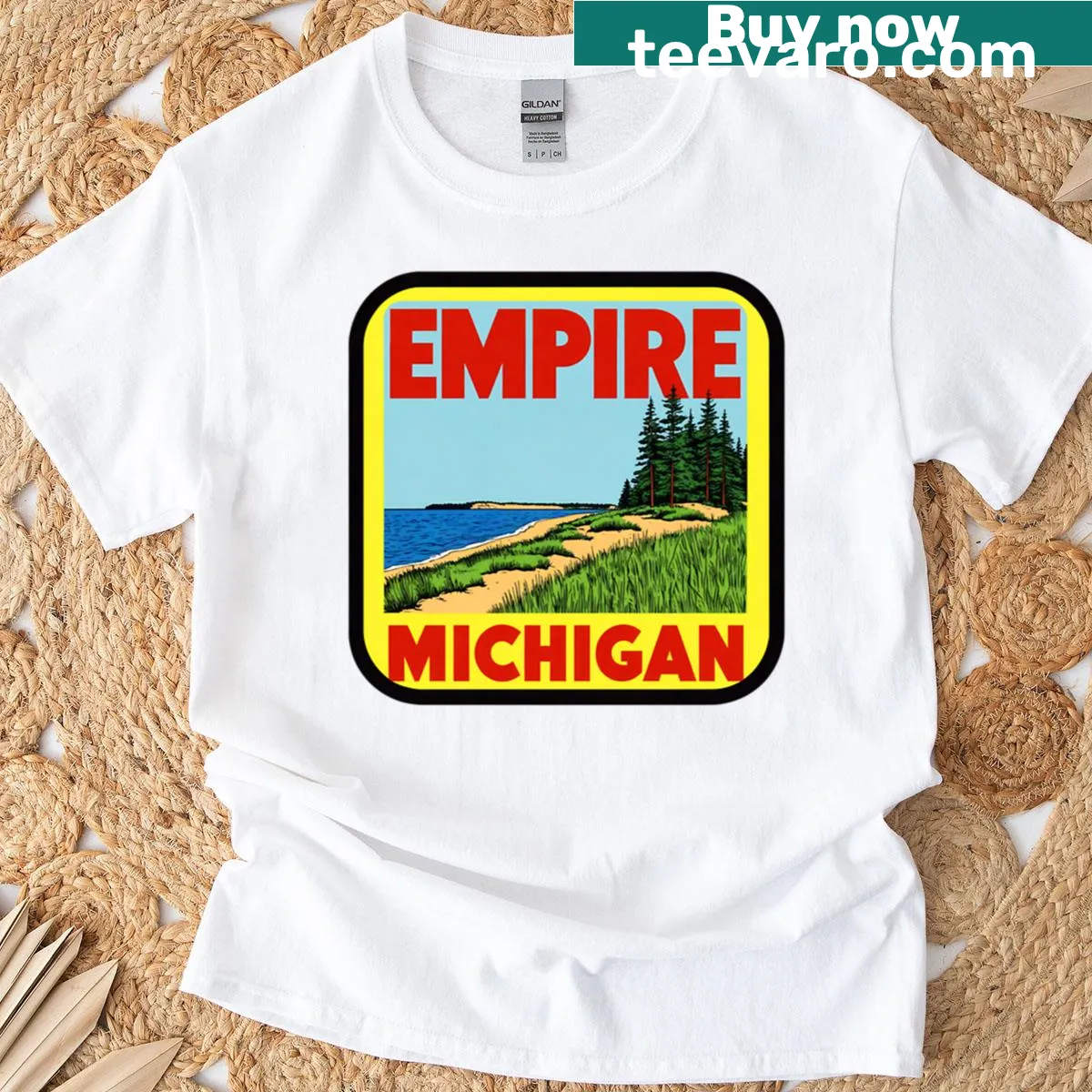 Vintage travel decal design featuring Empire Michigan and a sunset — on a men's t-shirt