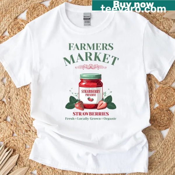 Illustration of strawberries on Farmers Market themed T-shirt