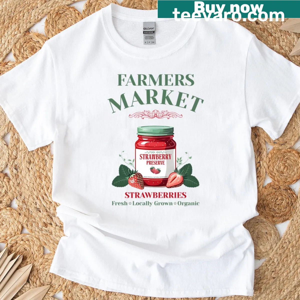 Illustration of strawberries on Farmers Market themed T-shirt — on a men's t-shirt