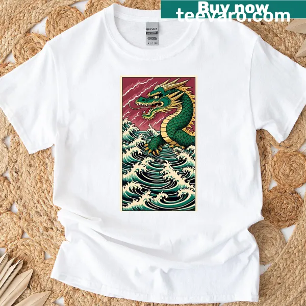 Ukiyo-e style T-shirt featuring a fierce Japanese dragon in waves