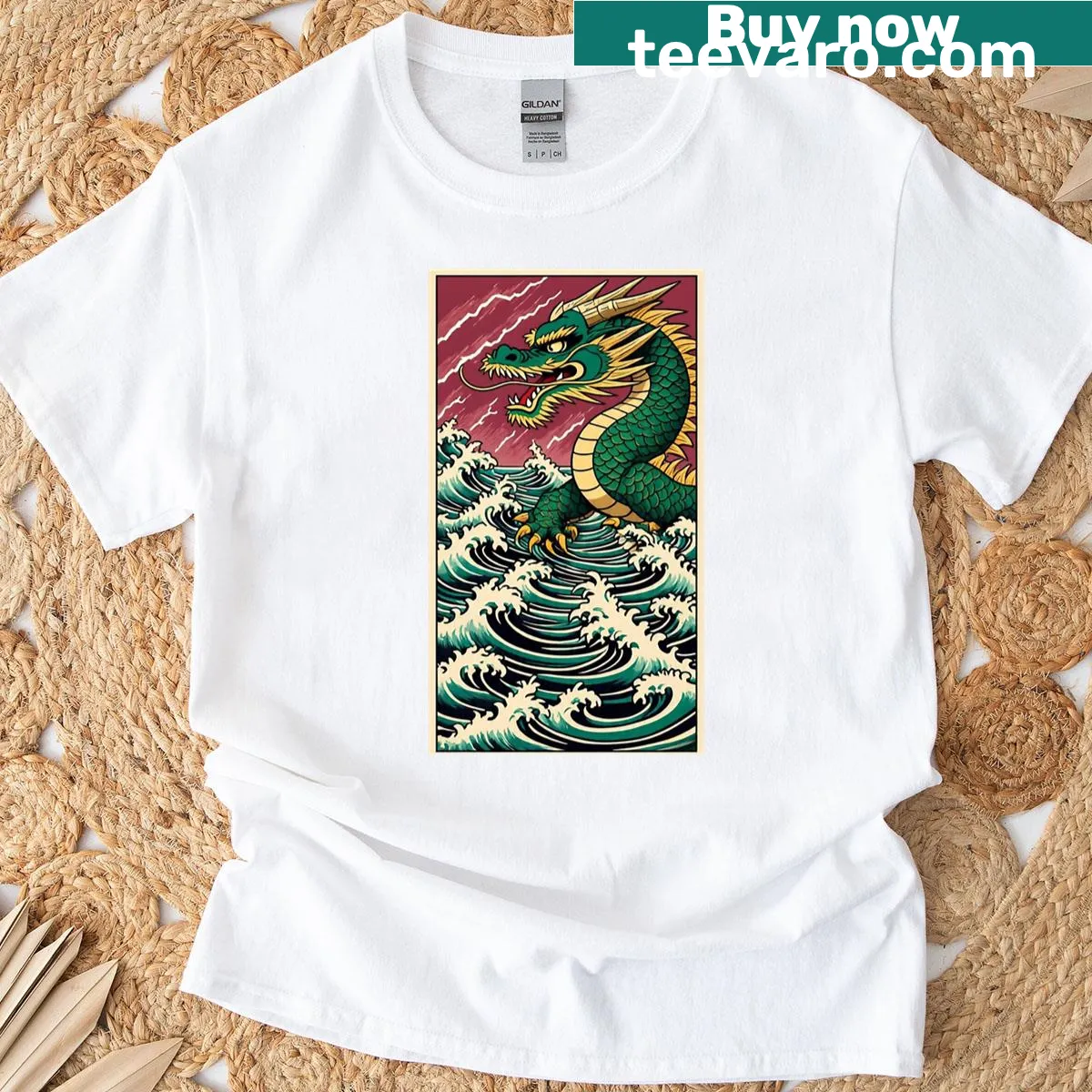 Ukiyo-e style T-shirt featuring a fierce Japanese dragon in waves — on a men's t-shirt