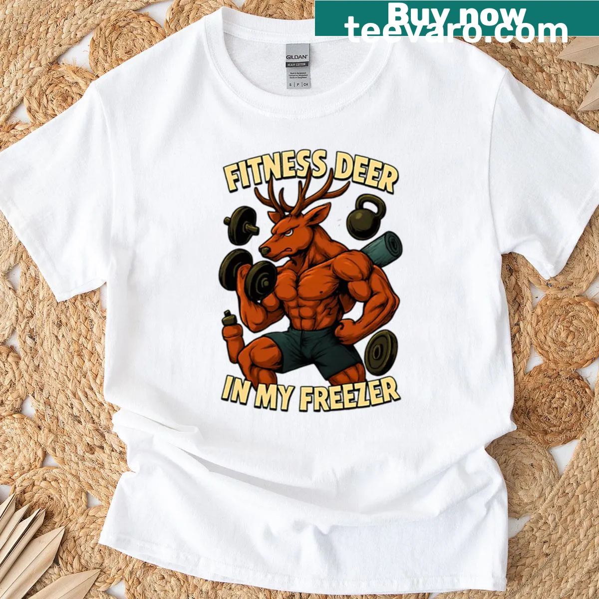 Humorous T-shirt depicting a cartoon deer with fitness theme — on a men's t-shirt