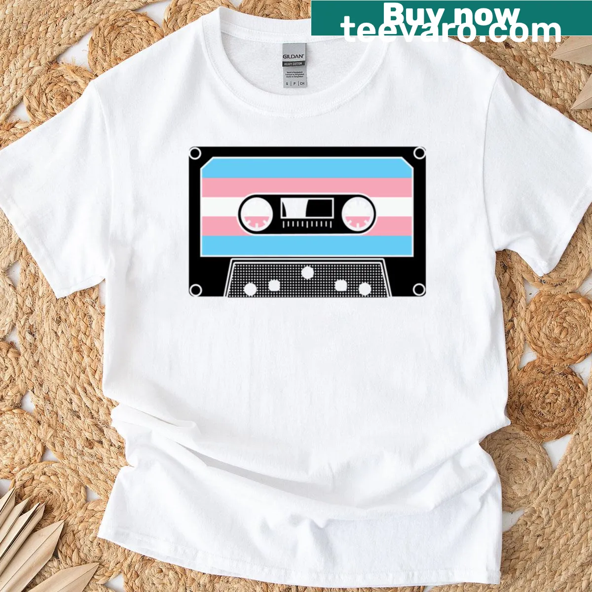 Retro cassette tape T-shirt with nostalgic illustration and stripes — on a men's t-shirt