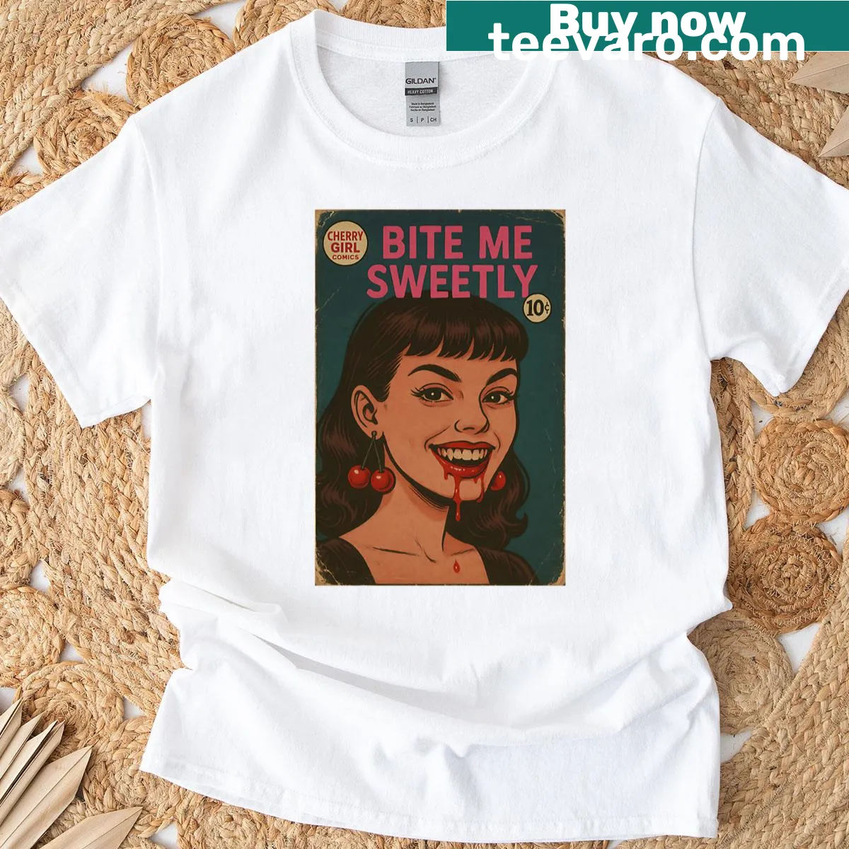 Flirty cherry girl graphic with the text 'Bite Me Sweetly' on a T-shirt — on a men's t-shirt