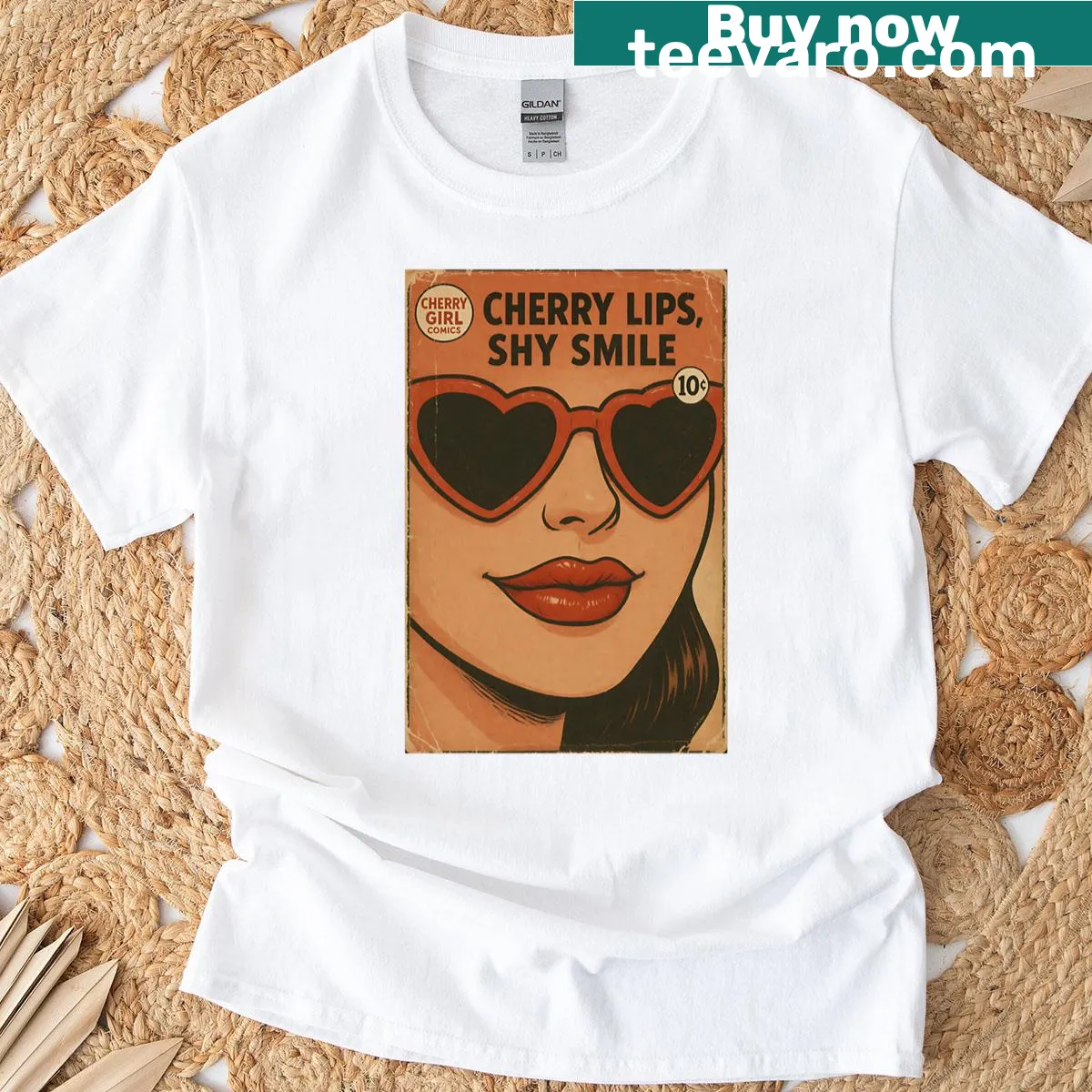Cartoon graphic of a flirty cherry girl with cherry lips and a shy smile — on a men's t-shirt