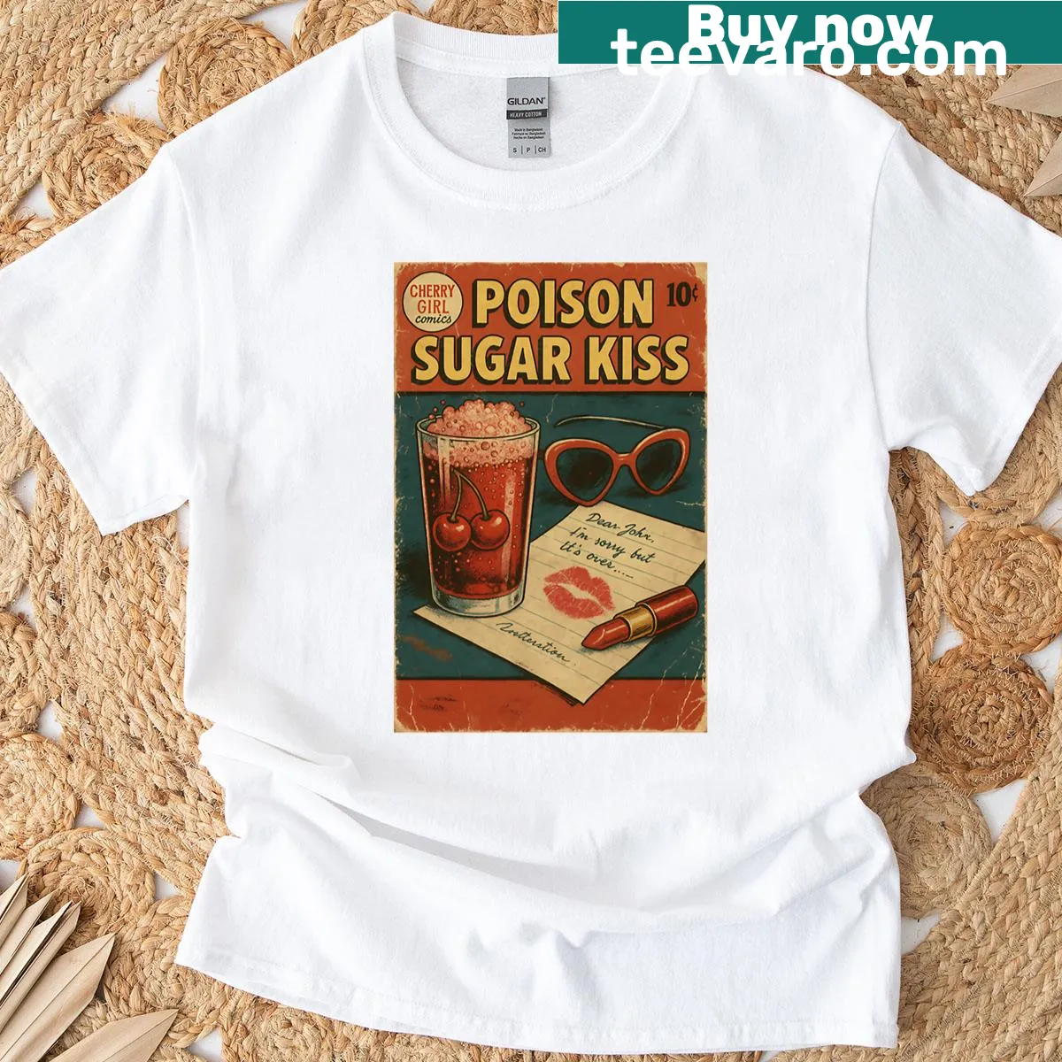 Whimsical illustration of a flirty cherry girl on T-shirt — on a men's t-shirt
