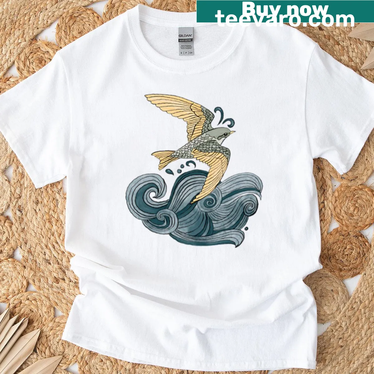 T-shirt with a flying bird illustration over waves in Japanese tattoo style — on a men's t-shirt