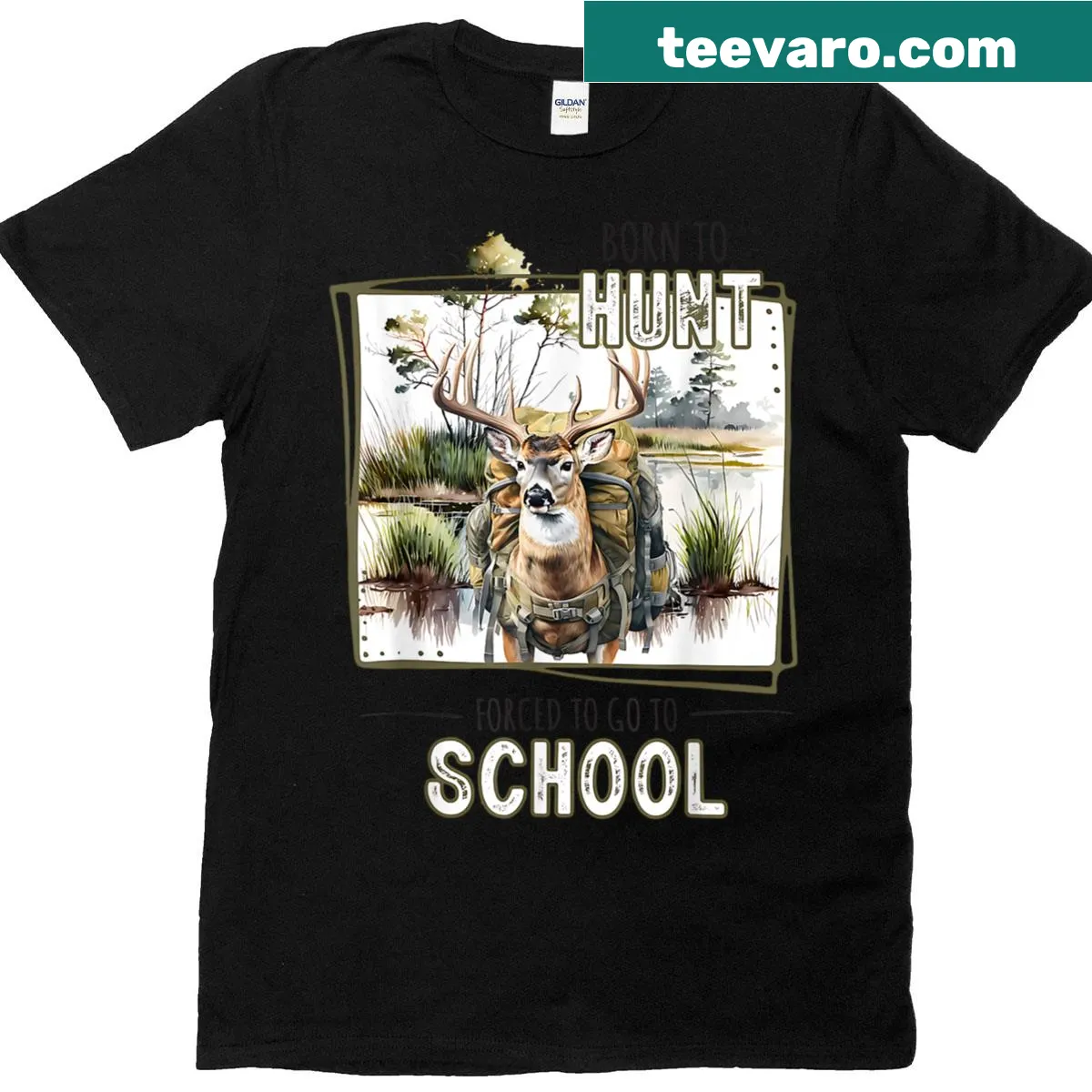 Cartoon T-shirt design with a boy in camo and deer hunting theme — on a men's t-shirt