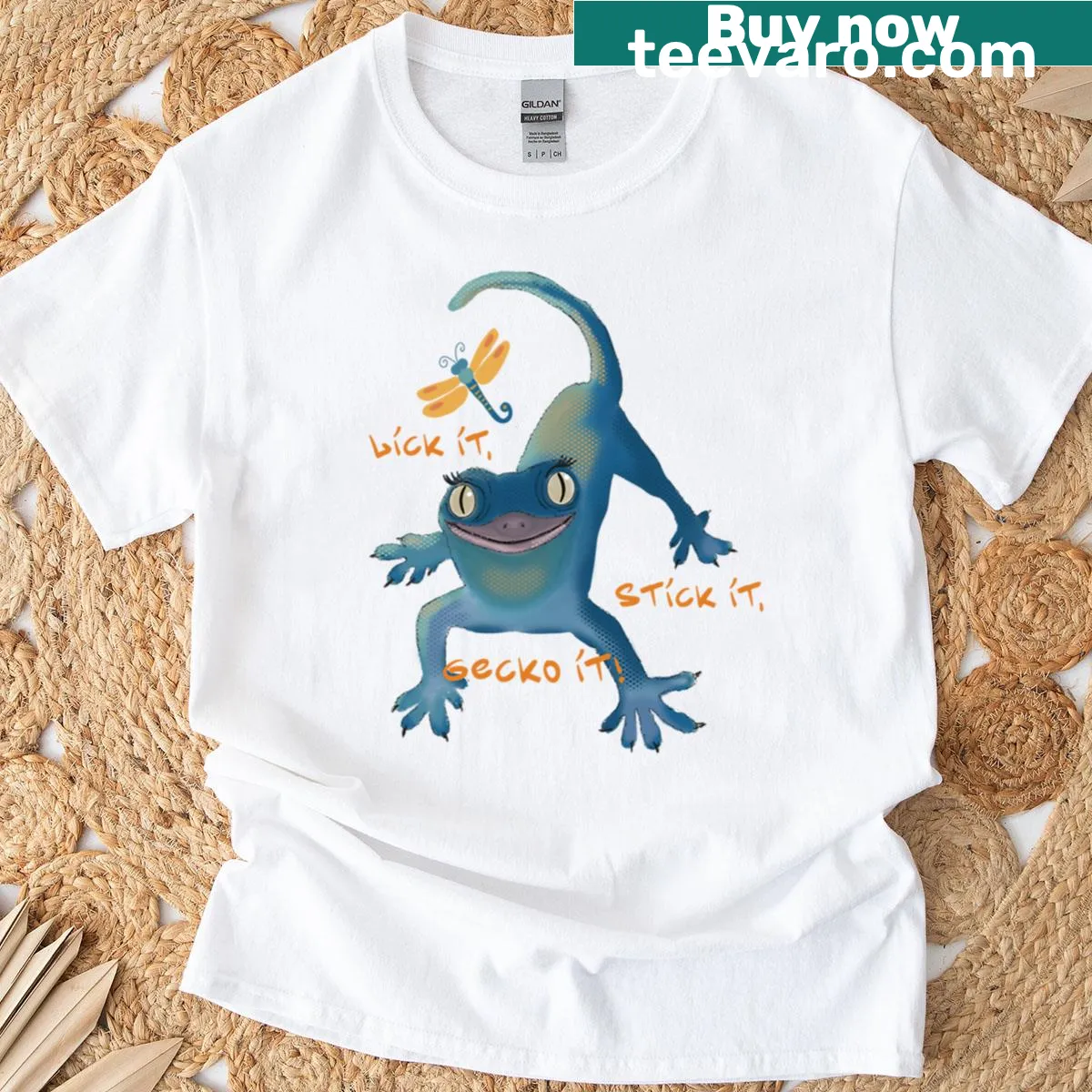 Illustrated funky gecko with funny phrases on T-shirt — on a men's t-shirt