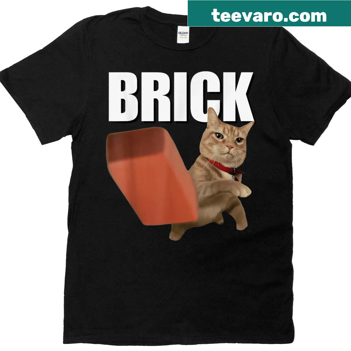 Cartoon cat throwing a brick graphic on a humorous t-shirt — on a men's t-shirt