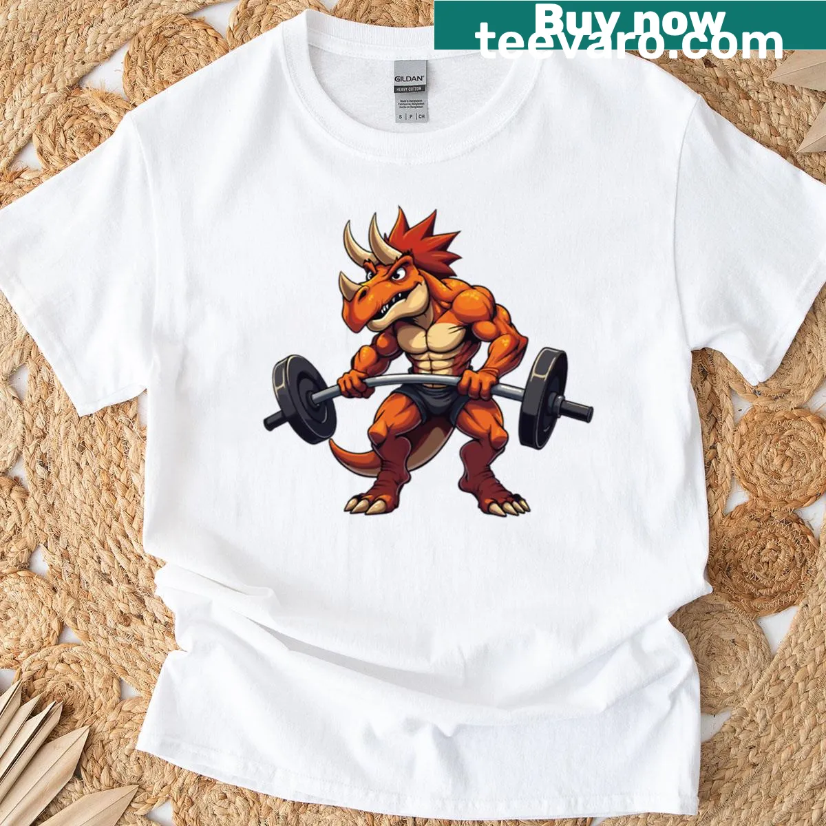 Funny dinosaur lifting weights graphic T-shirt — on a men's t-shirt