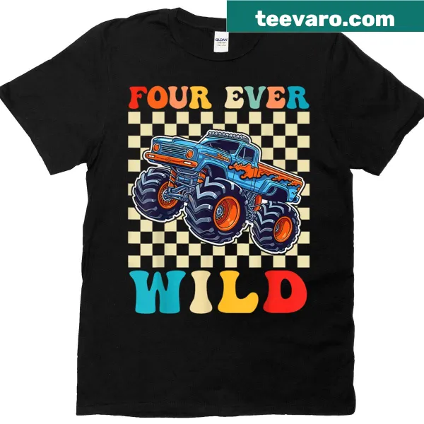 Funny monster truck design for a 4th birthday t-shirt.