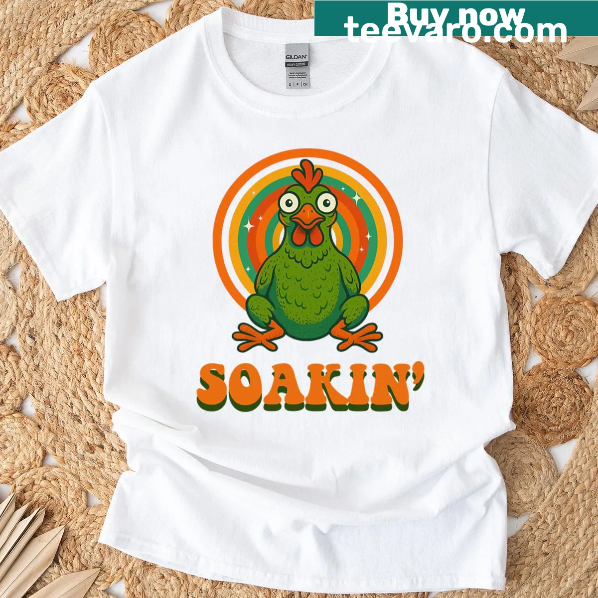 Retro chicken design T-shirt with 70s style humor — on a men's t-shirt