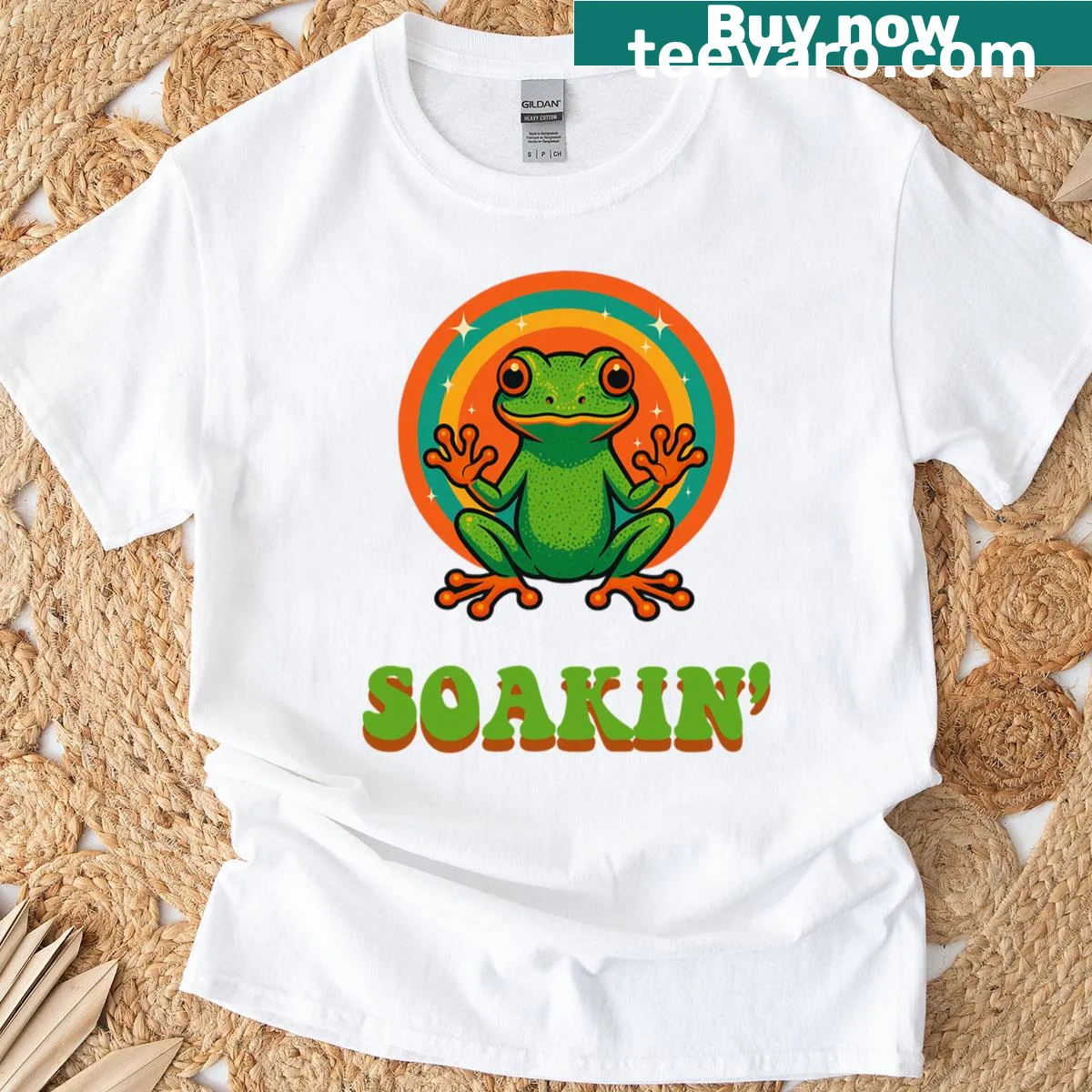 Retro frog graphic T-shirt with 70s vibes — on a men's t-shirt