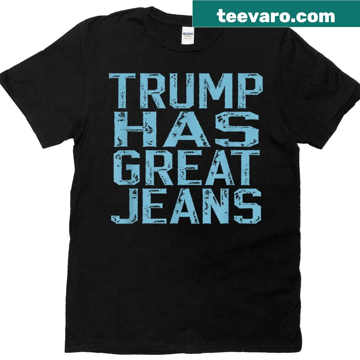 Vintage distressed t-shirt with a humorous Trump jeans meme graphic — on a men's t-shirt