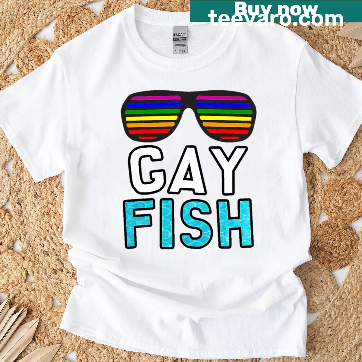 Cheerful fish graphic T-shirt celebrating pride and acceptance — on a men's t-shirt