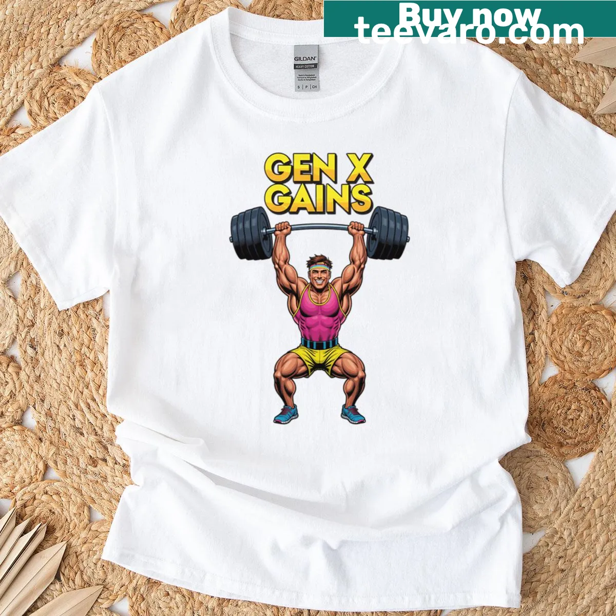 Retro cartoon gym beast graphic on Gen X Gains T-shirt — on a men's t-shirt