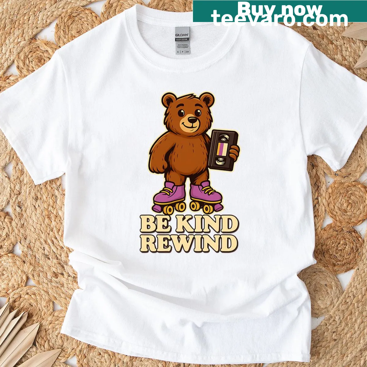 Illustration of a gentle bear on roller skates with a VHS tape — on a men's t-shirt