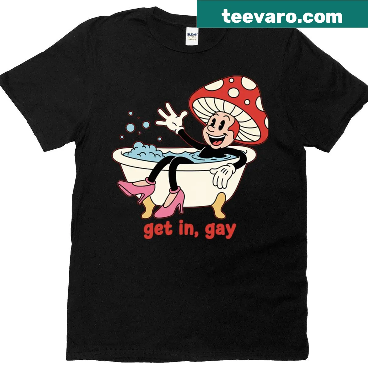 Cheerful retro cartoon mushroom design, perfect for vibrant personalities. — on a men's t-shirt