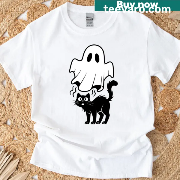 Humorous Halloween t-shirt with a ghost scaring a black cat design