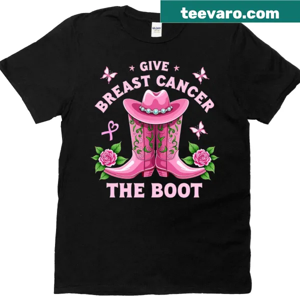 Cowgirl-themed T-shirt with a boot kicking a cancer awareness ribbon