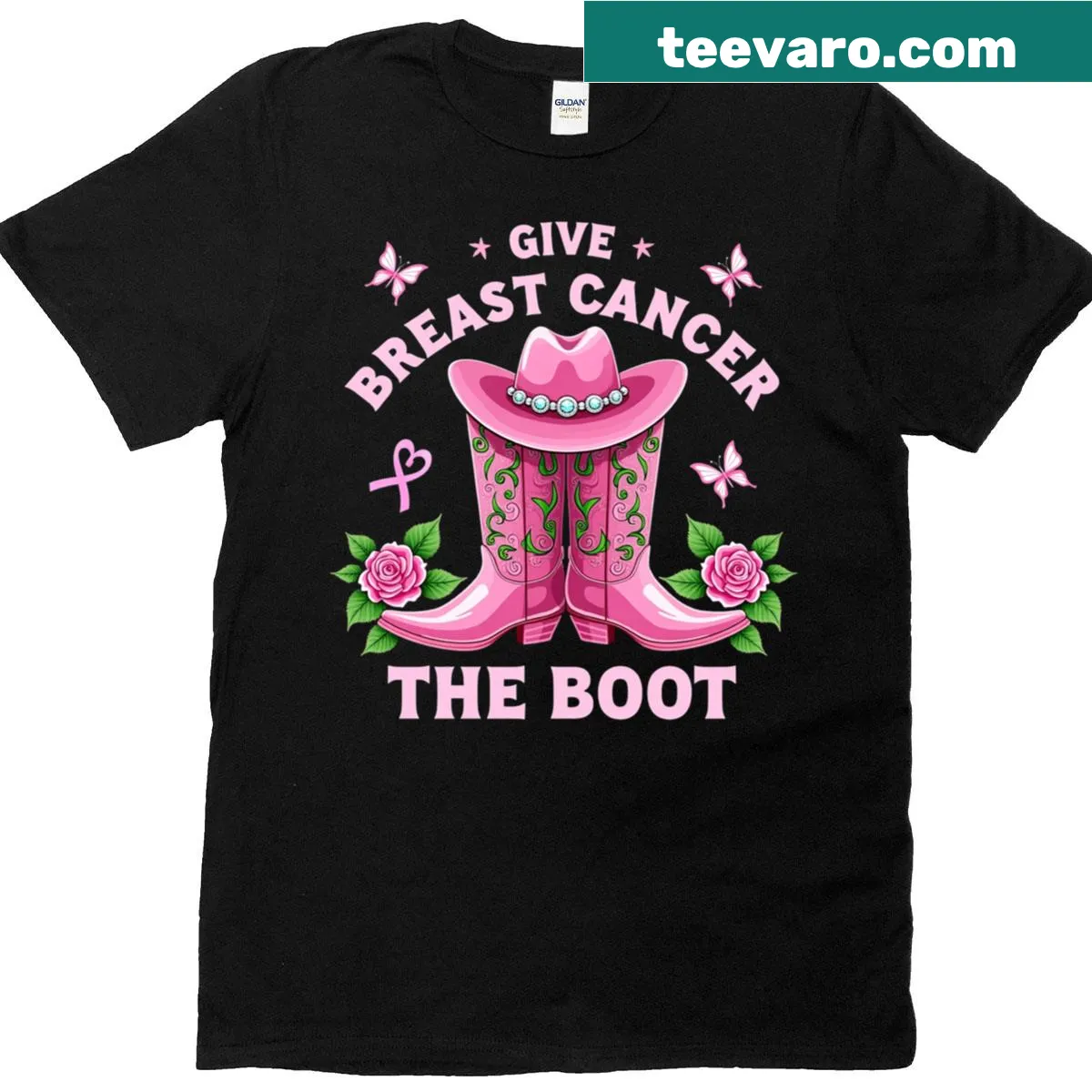 Cowgirl-themed T-shirt with a boot kicking a cancer awareness ribbon — on a men's t-shirt