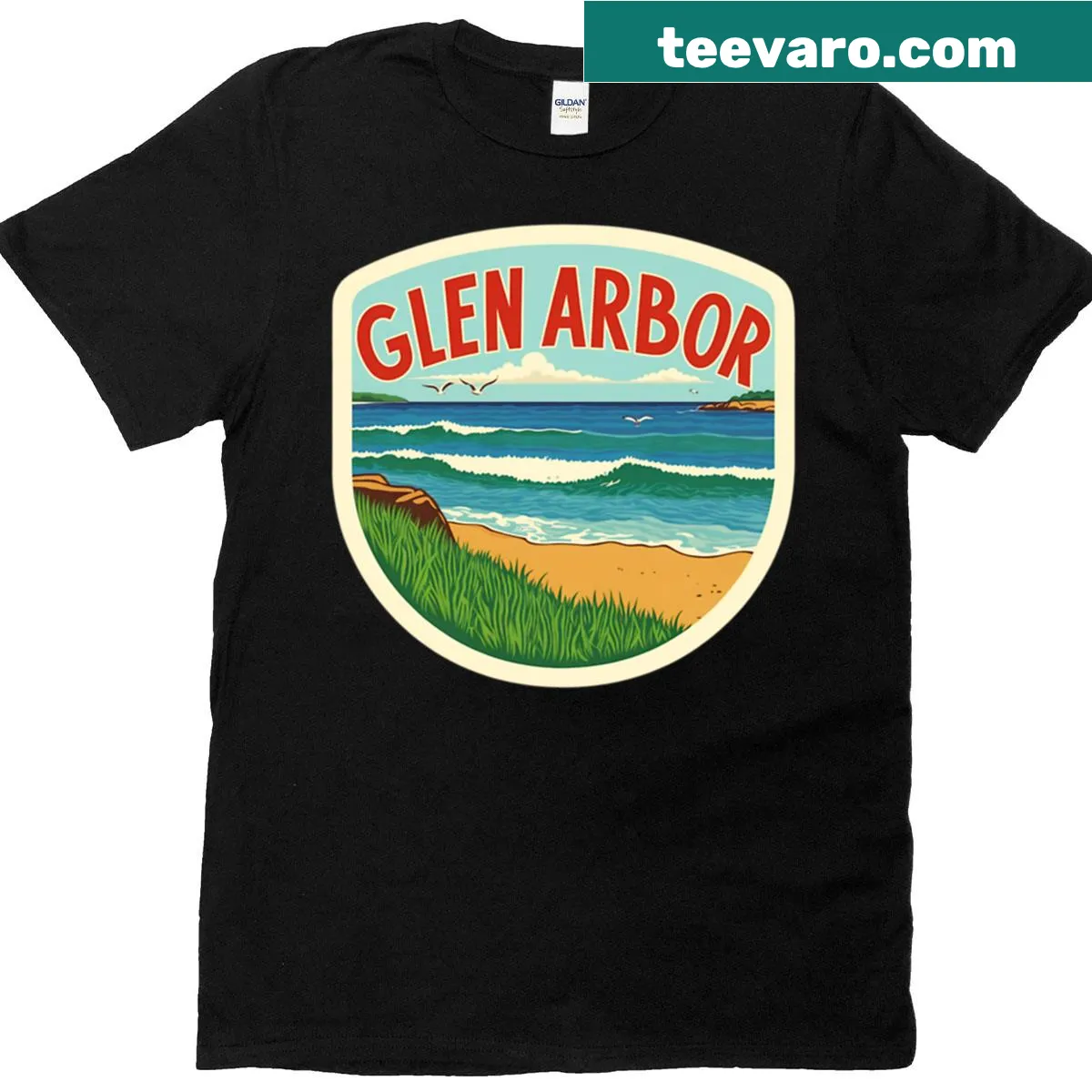 Vintage travel decal T-shirt featuring Glen Arbor Lake Michigan. — on a men's t-shirt