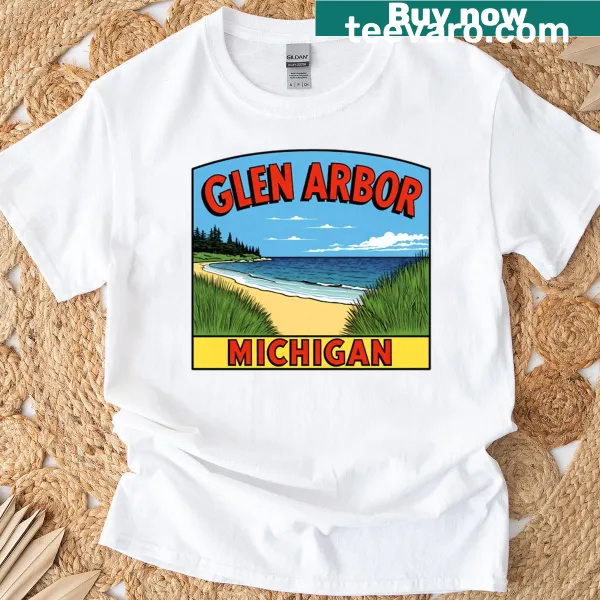 Vintage travel decal t-shirt celebrating Glen Arbor Michigan beach