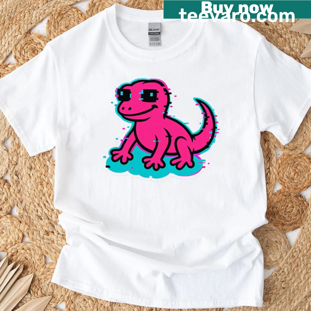Pixelated glitch gecko graphic T-shirt — on a men's t-shirt