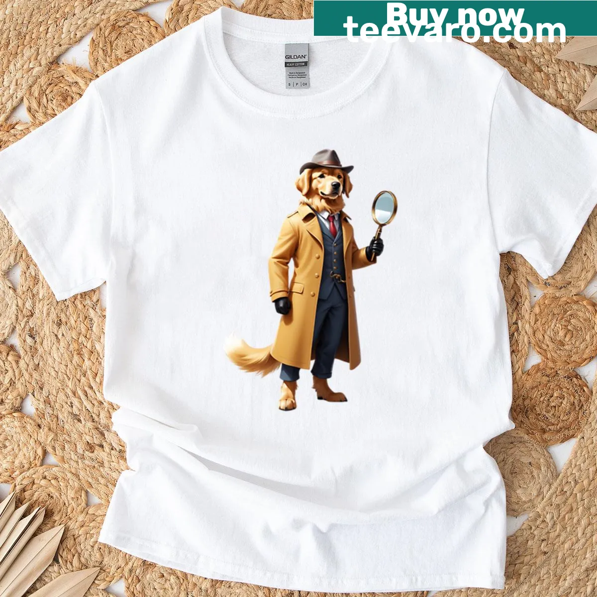 Cute Golden Retriever detective t-shirt with dog in trench coat — on a men's t-shirt
