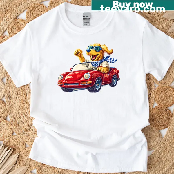 Golden retriever in a red convertible illustration