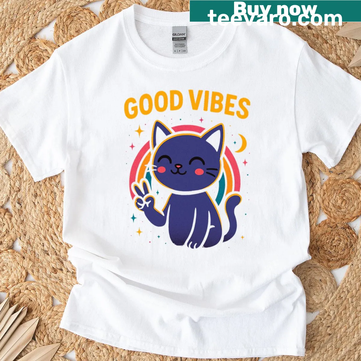 Retro cosmic cat t-shirt with colorful rainbow and vintage design — on a men's t-shirt