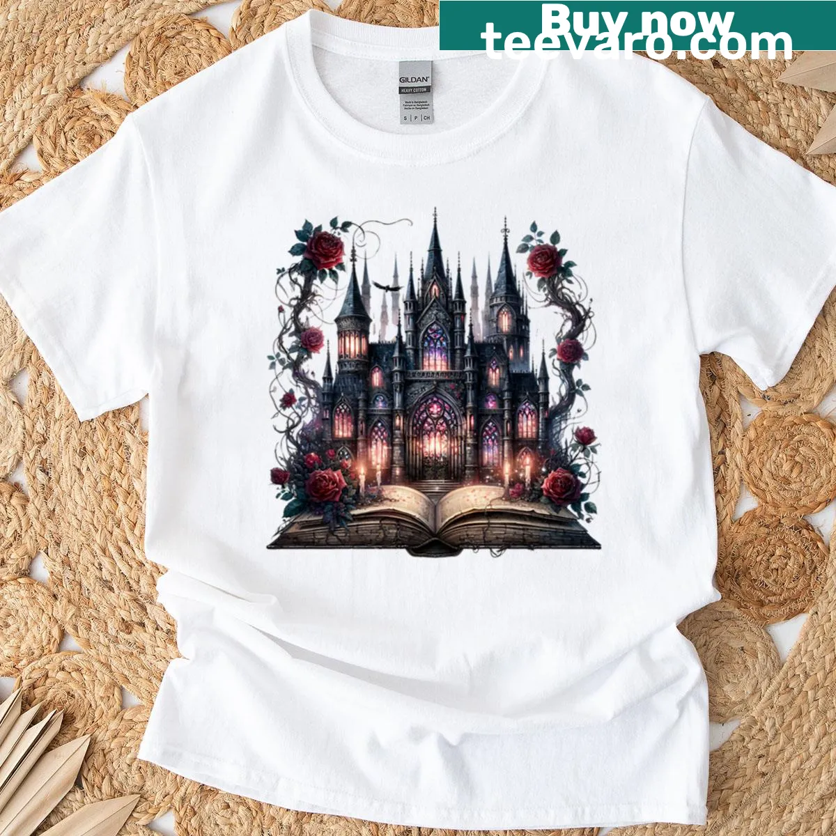 Gothic T-shirt with an open book, roses, and a castle illustration — on a men's t-shirt