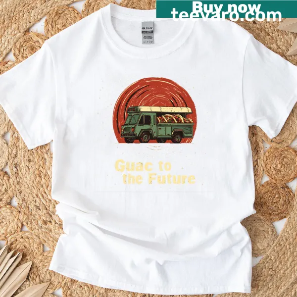 Cartoon taco truck t-shirt with 'Guac To The Future' text