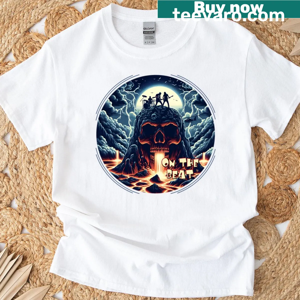 Bold music-themed t-shirt with guitar and drum illustration — on a men's t-shirt