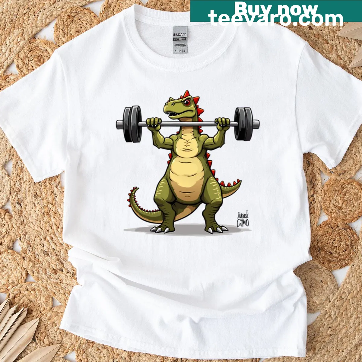 Cartoon dinosaur lifting weights on a humorous Gym Lizard King t-shirt — on a men's t-shirt