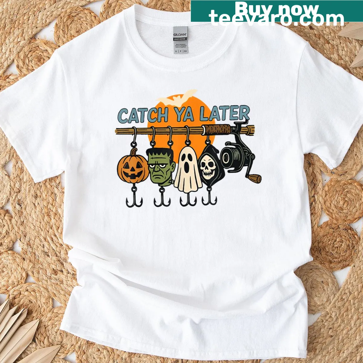 T-shirt with 'Catch Ya Later' phrase for Halloween and fishing — on a men's t-shirt
