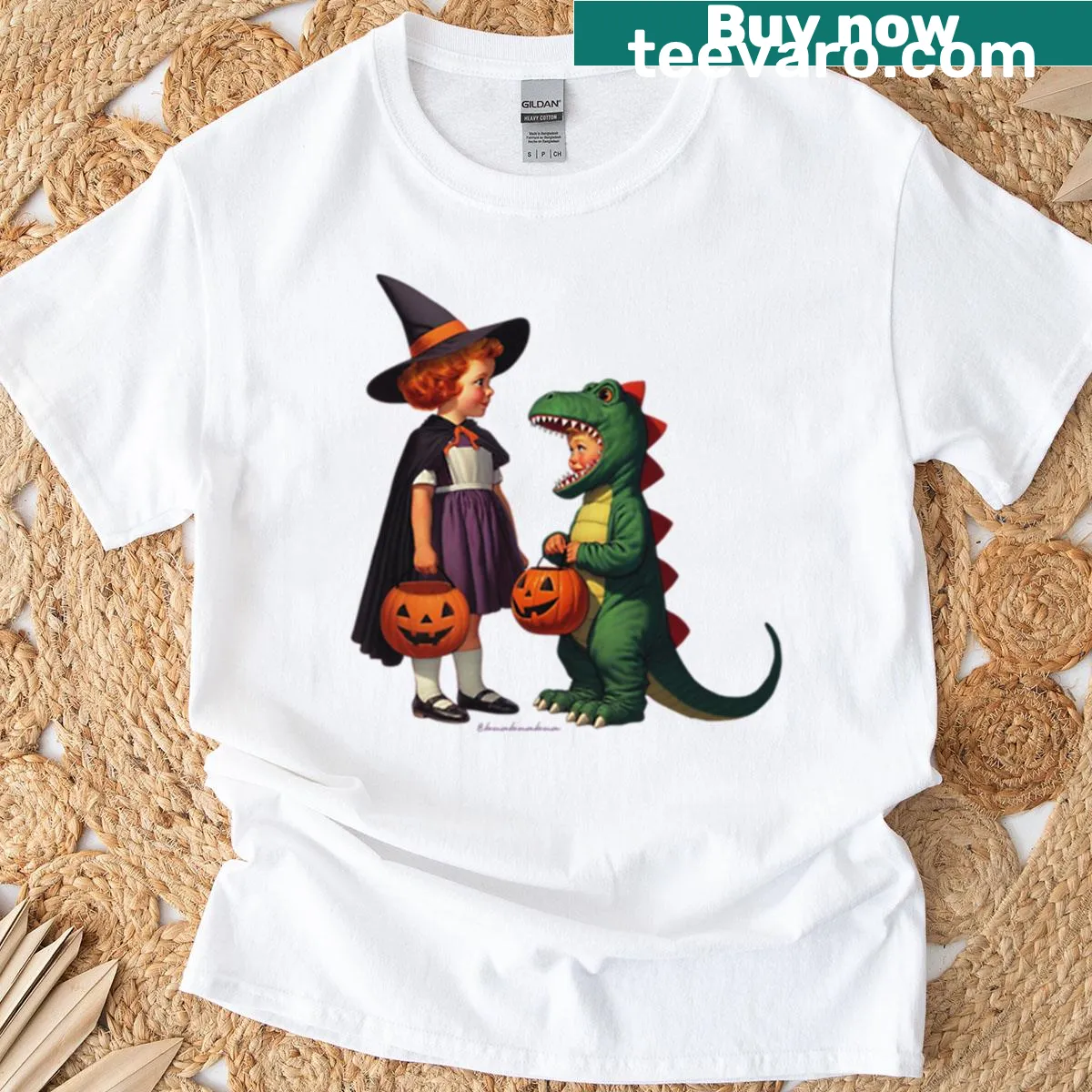 Cartoon Halloween themed T-shirt for kids featuring trick-or-treating — on a men's t-shirt