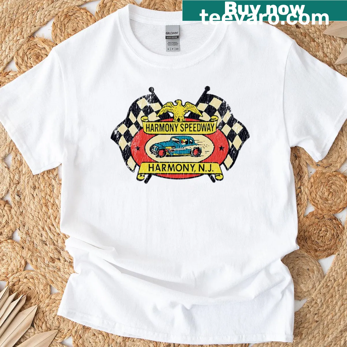 Vintage T-shirt honoring Harmony Speedway with worn aged graphic — on a men's t-shirt