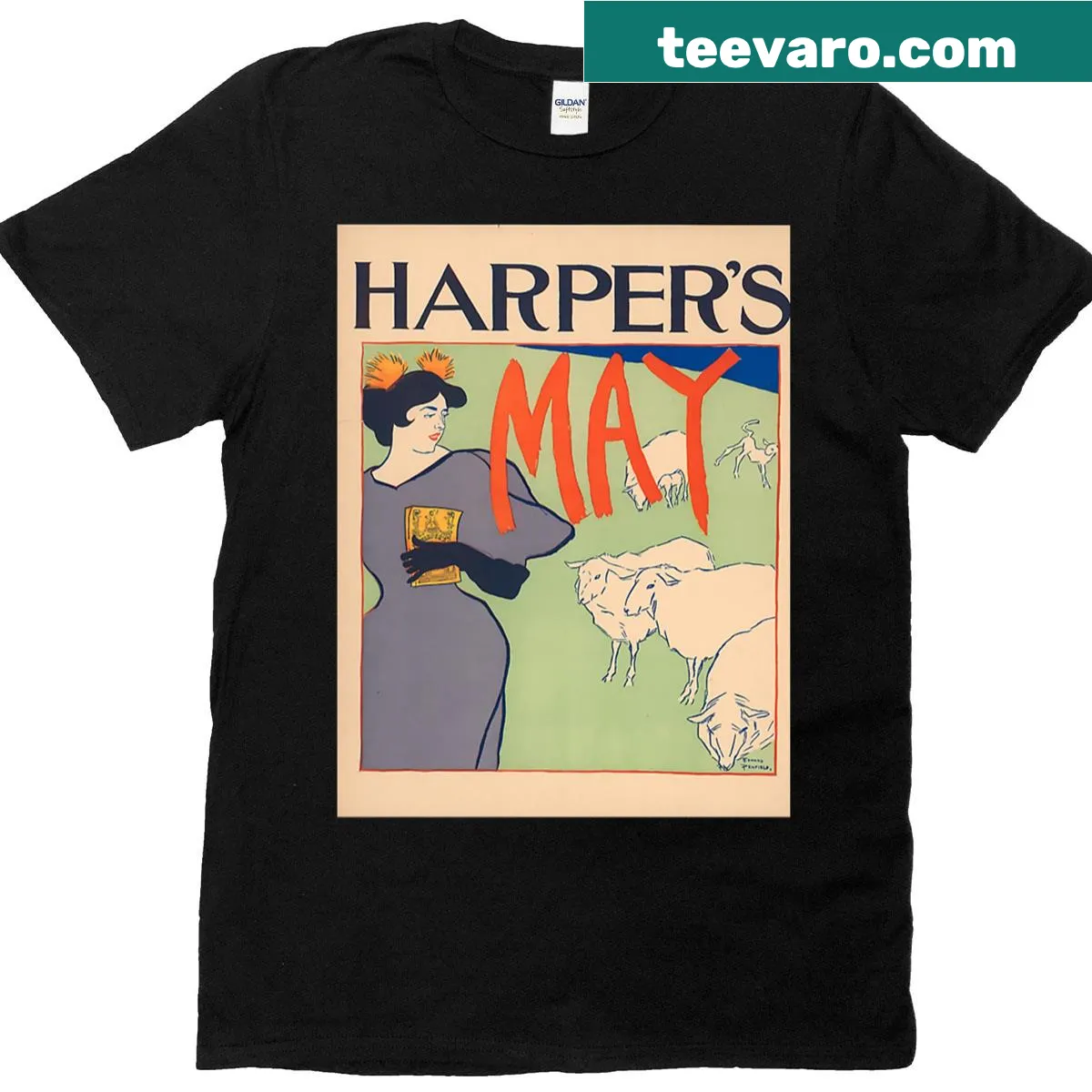 Minimalist typography t-shirt inspired by Edward Penfield 1895 — on a men's t-shirt