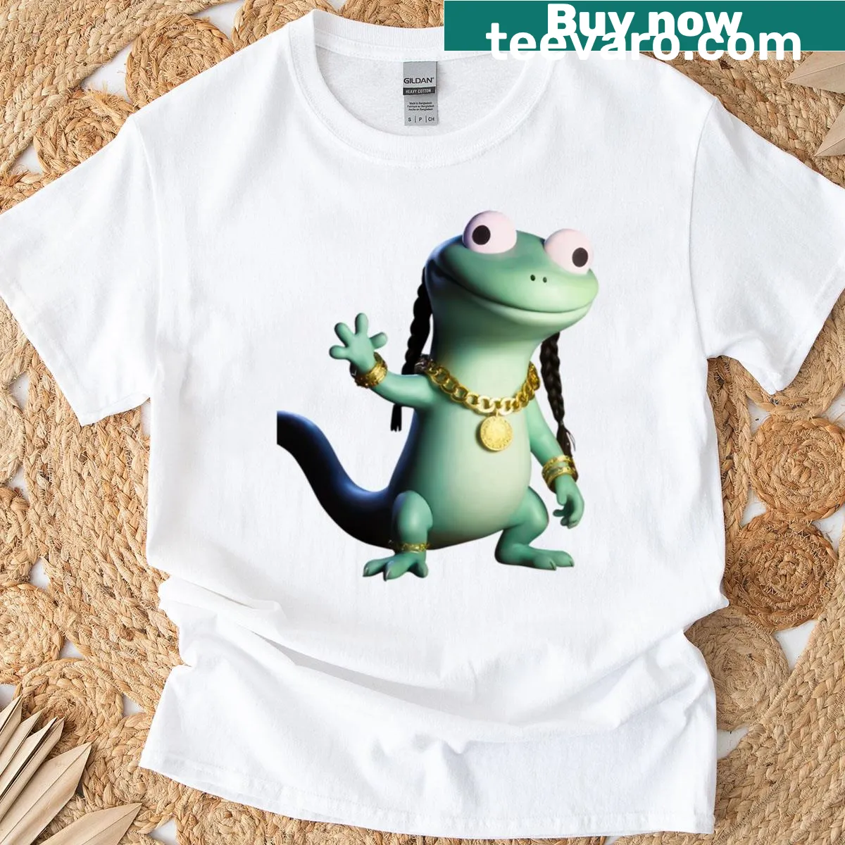 Cartoon lizard design on a kids' T-shirt with playful text — on a men's t-shirt