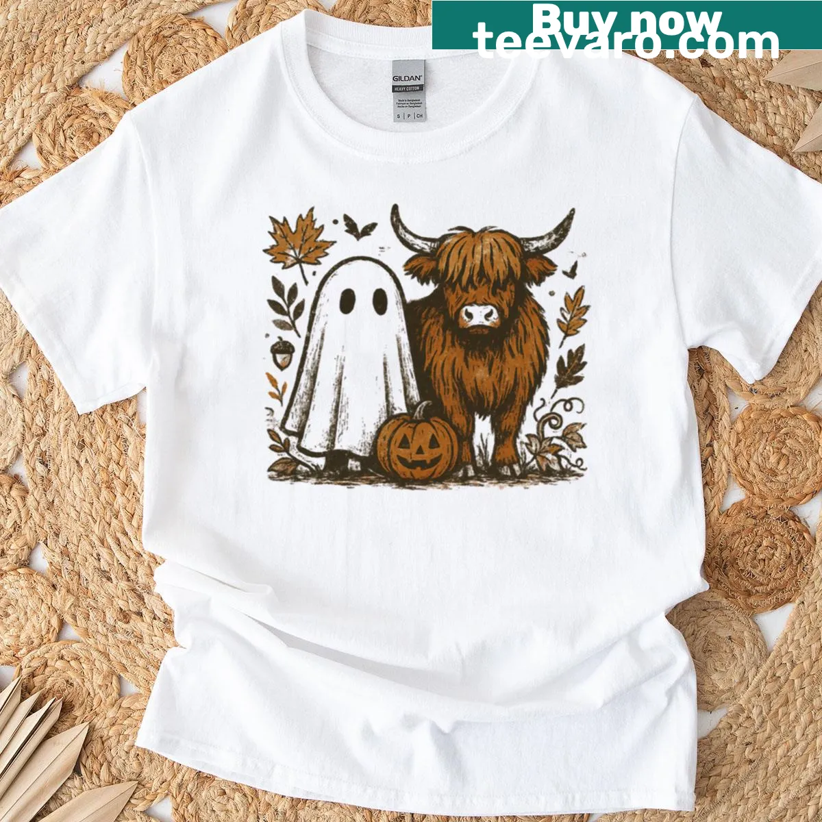 Halloween T-shirt featuring a highland cow and ghost alongside pumpkins — on a men's t-shirt