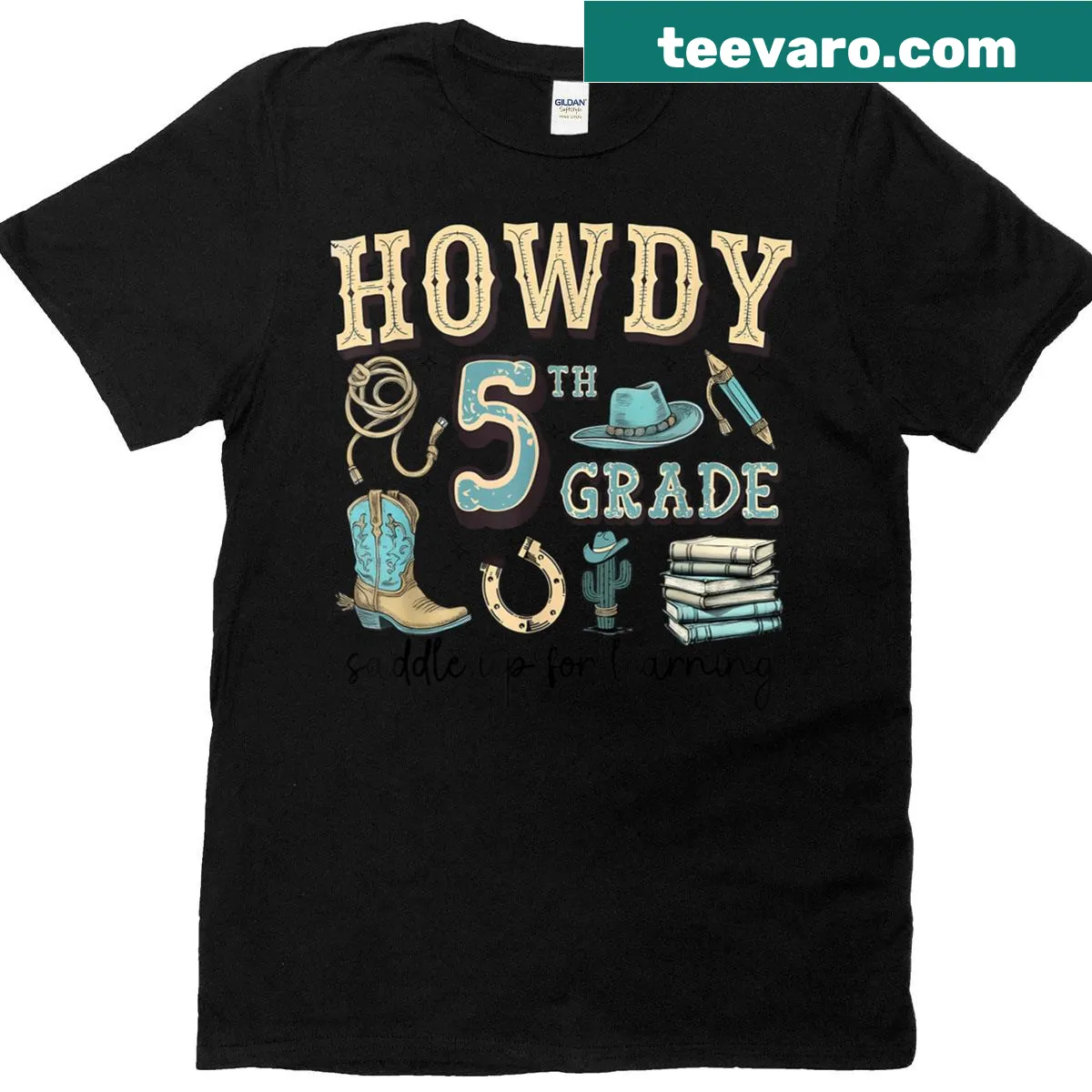 Western-themed kids T-shirt with 'Howdy' graphic for school — on a men's t-shirt