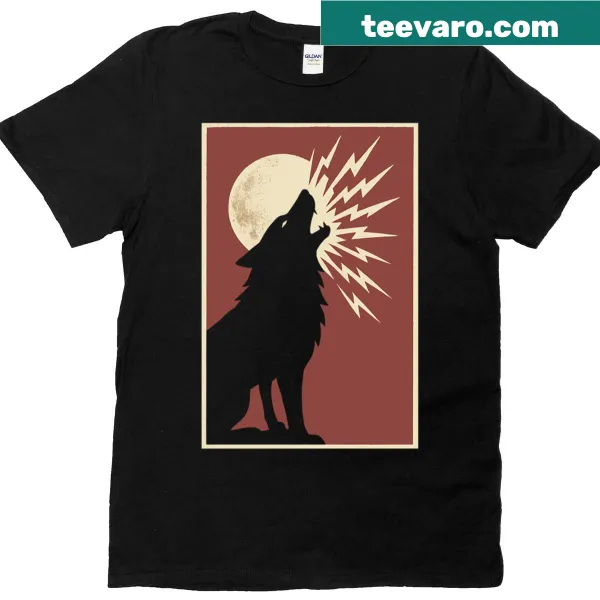 T-shirt featuring an illustration of a howling wolf and moon