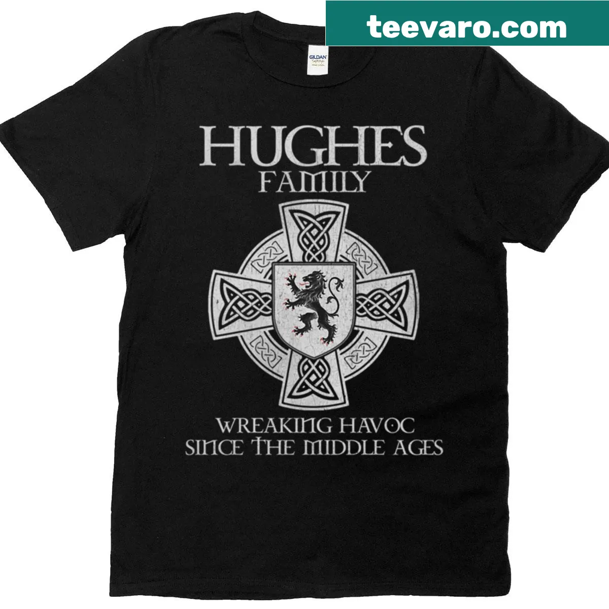 Vintage Hughes family crest graphic on a classic t-shirt — on a men's t-shirt