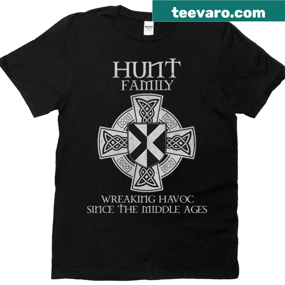 Vintage Hunt family crest graphic on oversized t-shirt — on a men's t-shirt