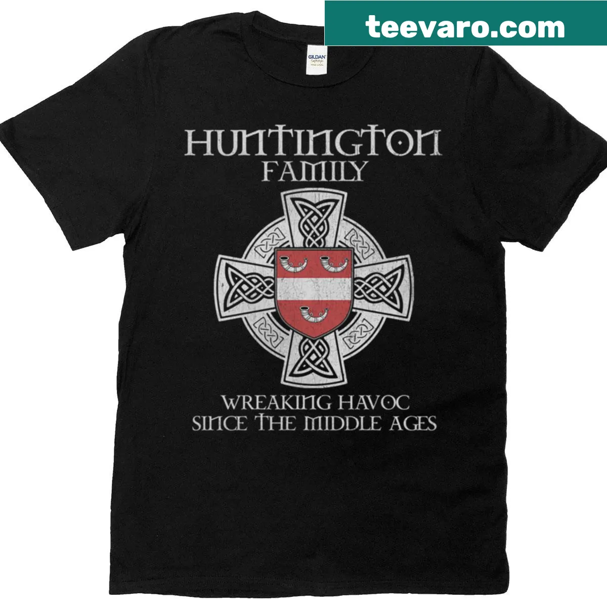 Oversized T-shirt featuring a vintage Huntington family crest design — on a men's t-shirt