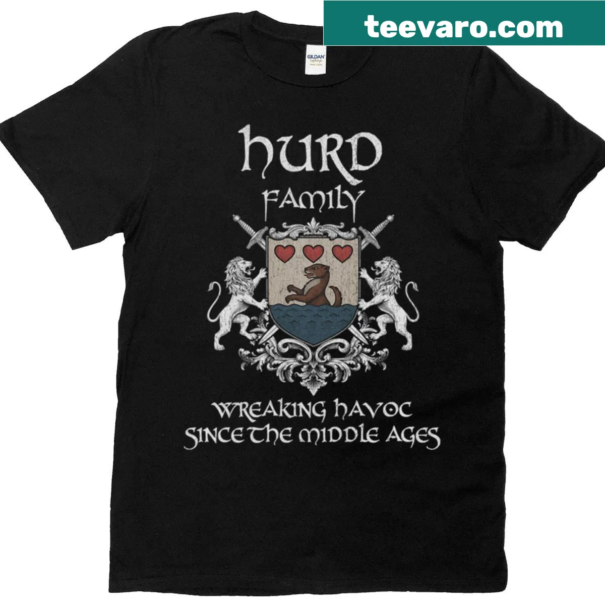 Vintage-style T-shirt featuring Hurd family crest — on a men's t-shirt